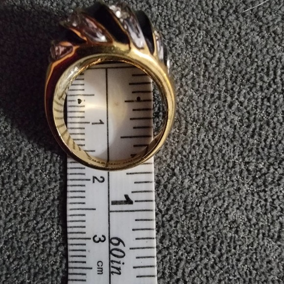 Vintage Black Enamel Clear‎ Rhinestone Striped Dome Gold Bubble Ring sz 7 - Picture 4 of 5